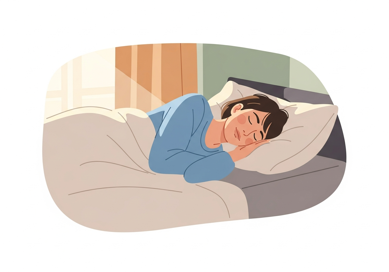 침대에 편안하게 누워 쉬고 있는 사람
