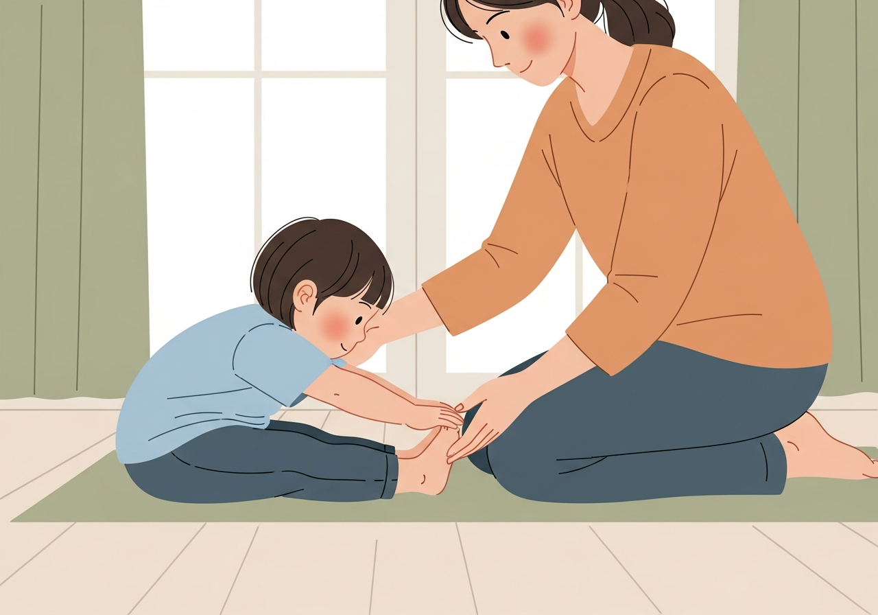 아이가 바닥에 앉아 부모의 도움을 받으며 천천히 다리 스트레칭을 하는 모습
