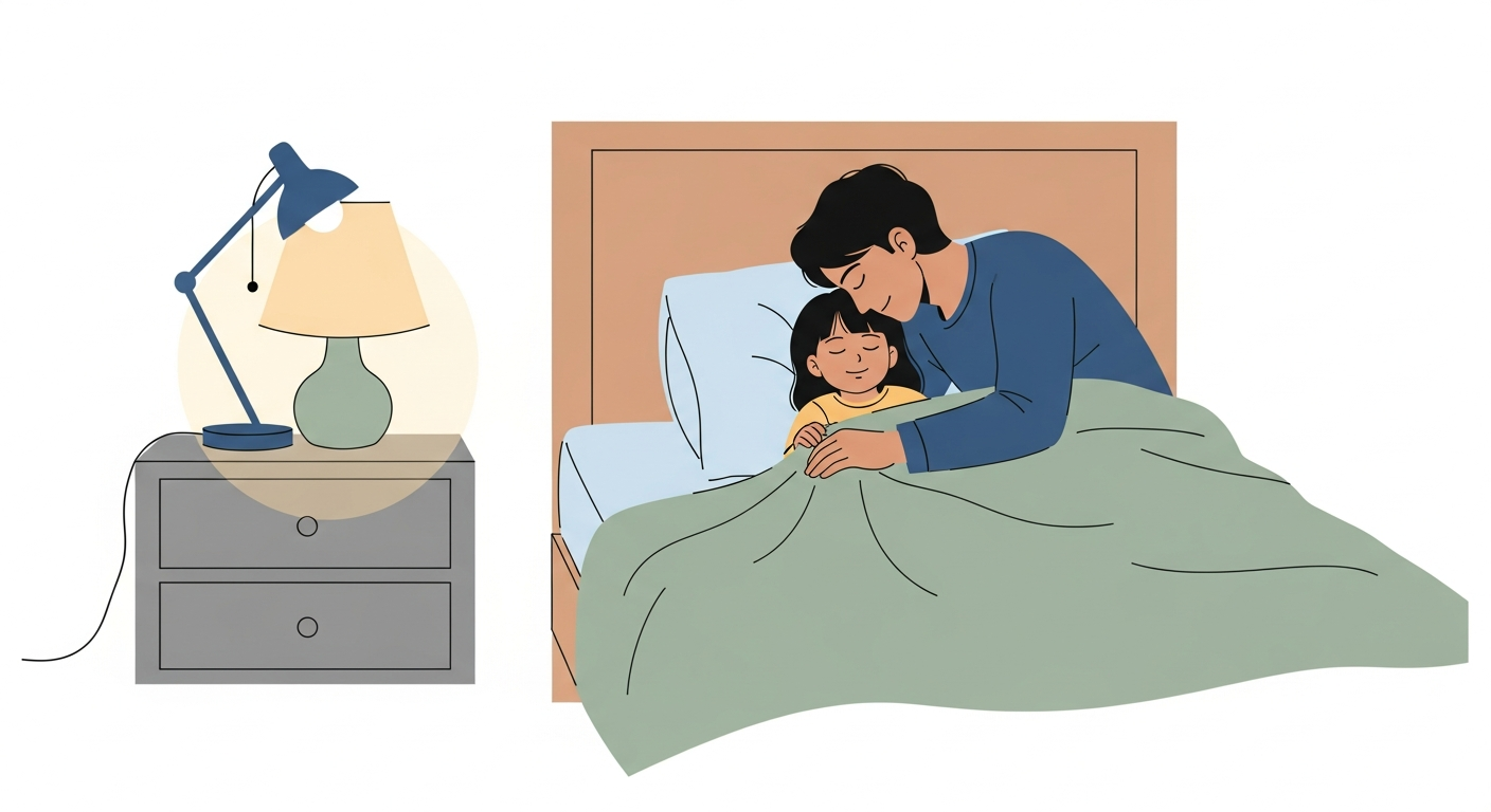 밤에 아이를 편안히 재우는 부모의 다정한 모습