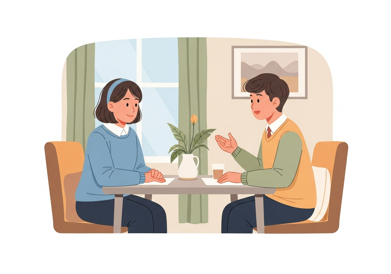 재촉하지 않고 차분히 상대의 말을 기다리며 들어주는 모습