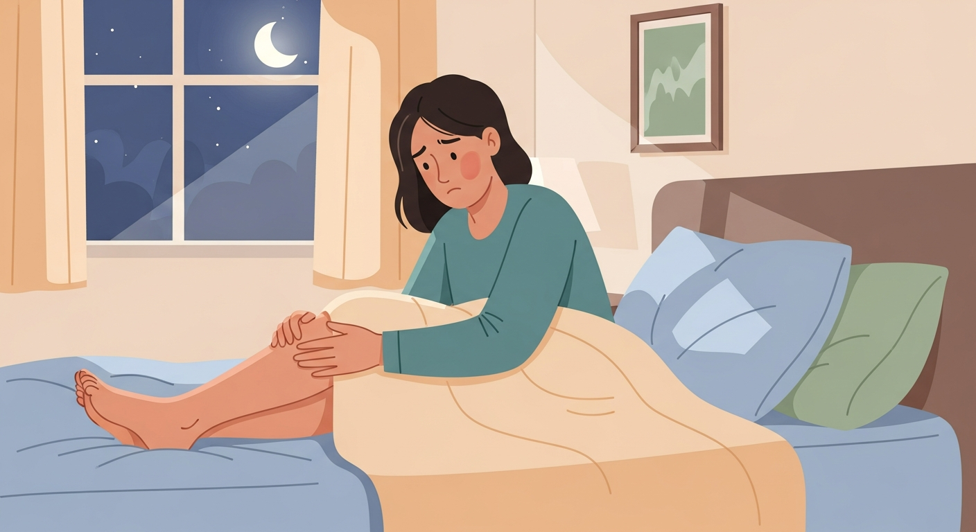 밤에 침대에 누워 종아리를 만지며 편안한 잠을 바라는 사람