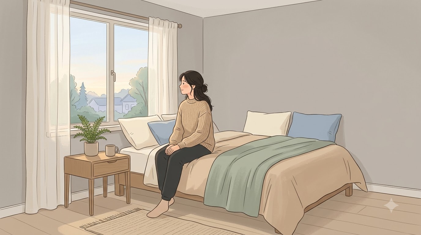 이른 아침 침실에서 규칙적인 하루를 시작하는 사람