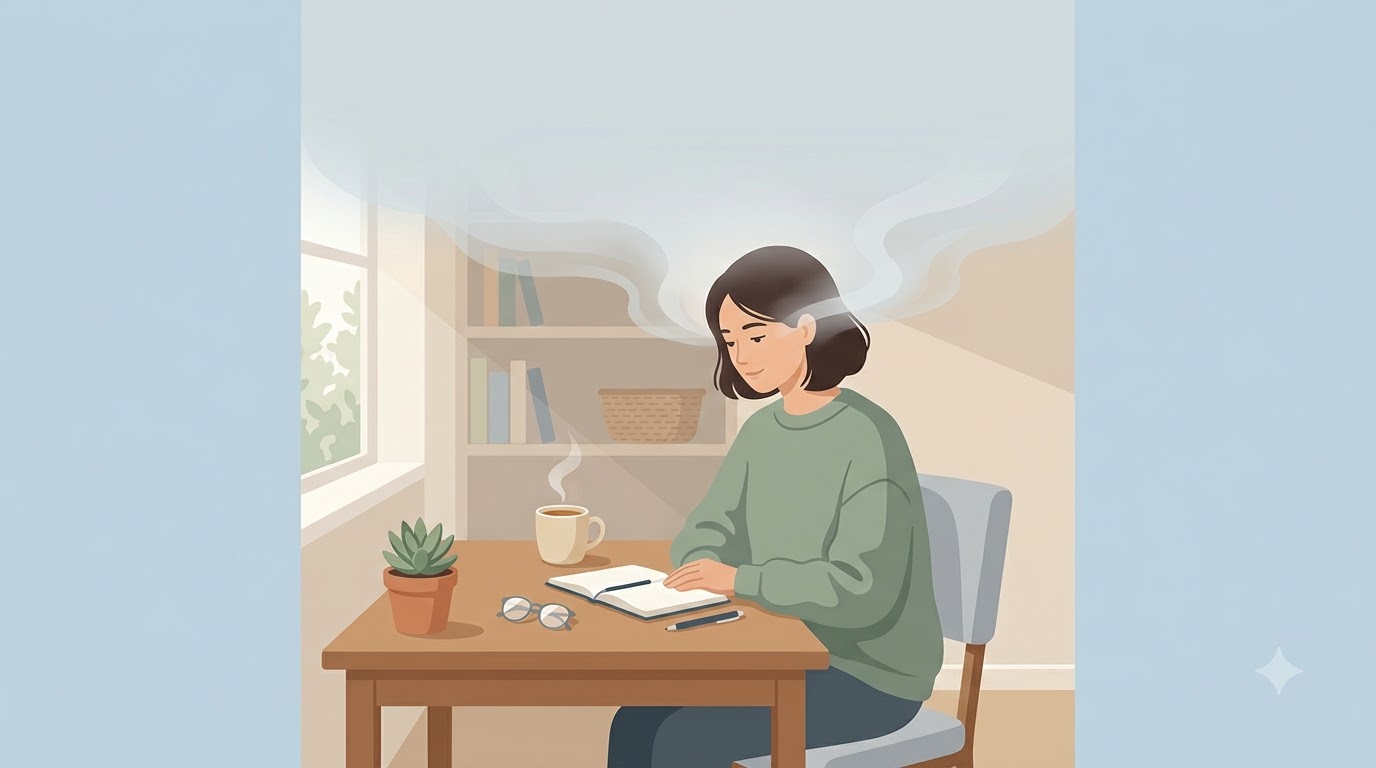 머리 주변의 옅은 안개가 걷히며 맑아지는 느낌의 사람과 따뜻한 차 한 잔
