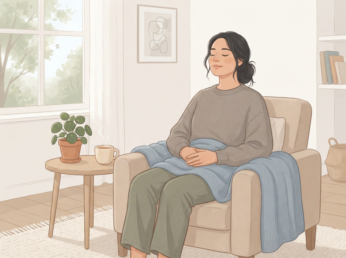 밝은 방에서 눈을 감고 천천히 심호흡하며 마음을 다스리는 사람