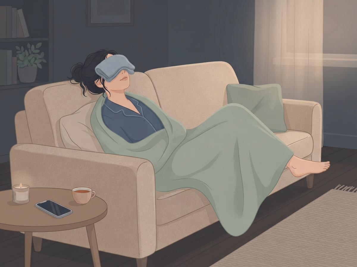따뜻한 수건으로 눈을 덮고 편안히 휴식하는 사람