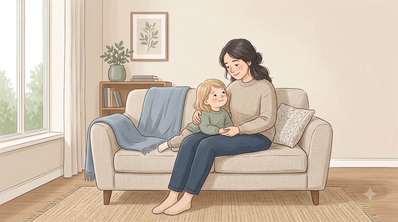 집에서 아이 곁에 편안하게 앉아 다정하게 바라보는 부모의 모습
