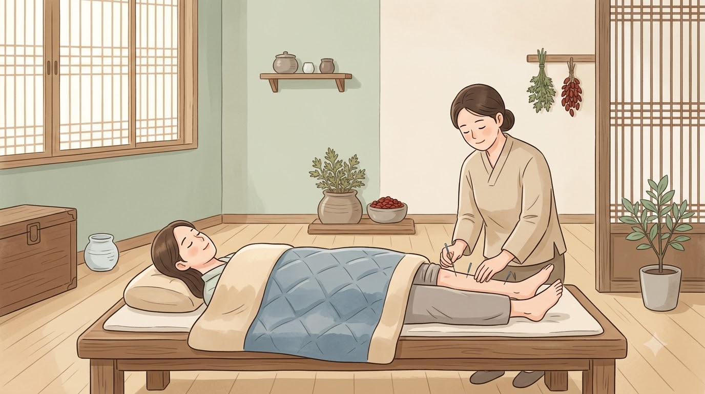따뜻한 분위기의 한의원 진료실에서 침 치료를 받는 모습