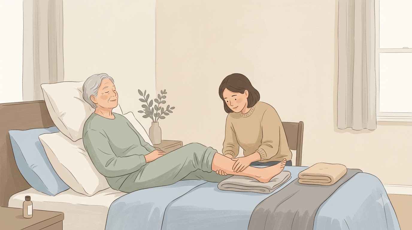 다리를 부드럽게 마사지하며 돌봐주는 보호자