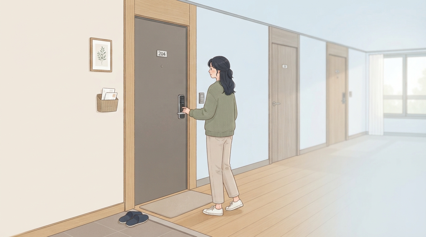 환절기에 문을 확인하는 사람의 모습