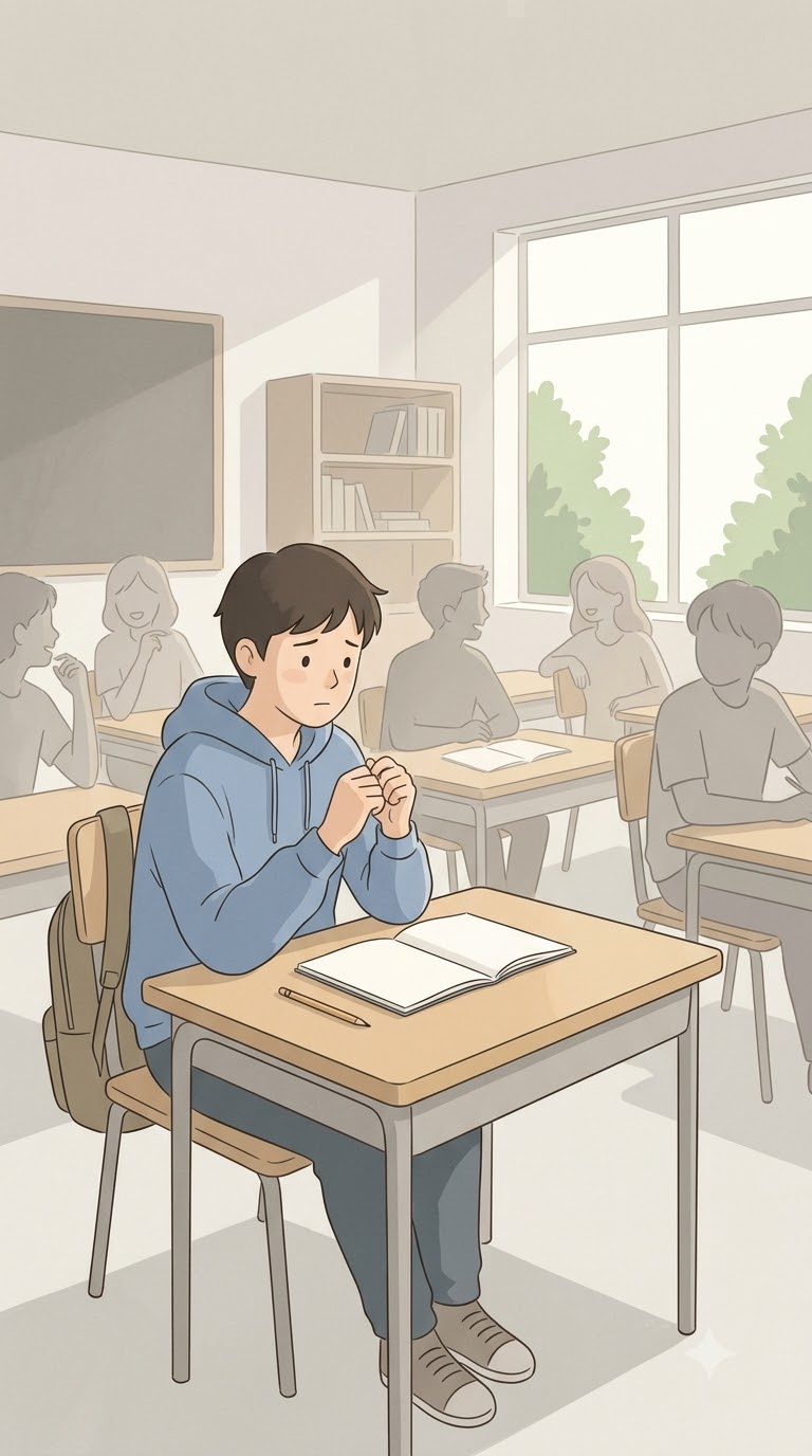 학교에서 긴장을 느끼는 학생의 모습 일러스트