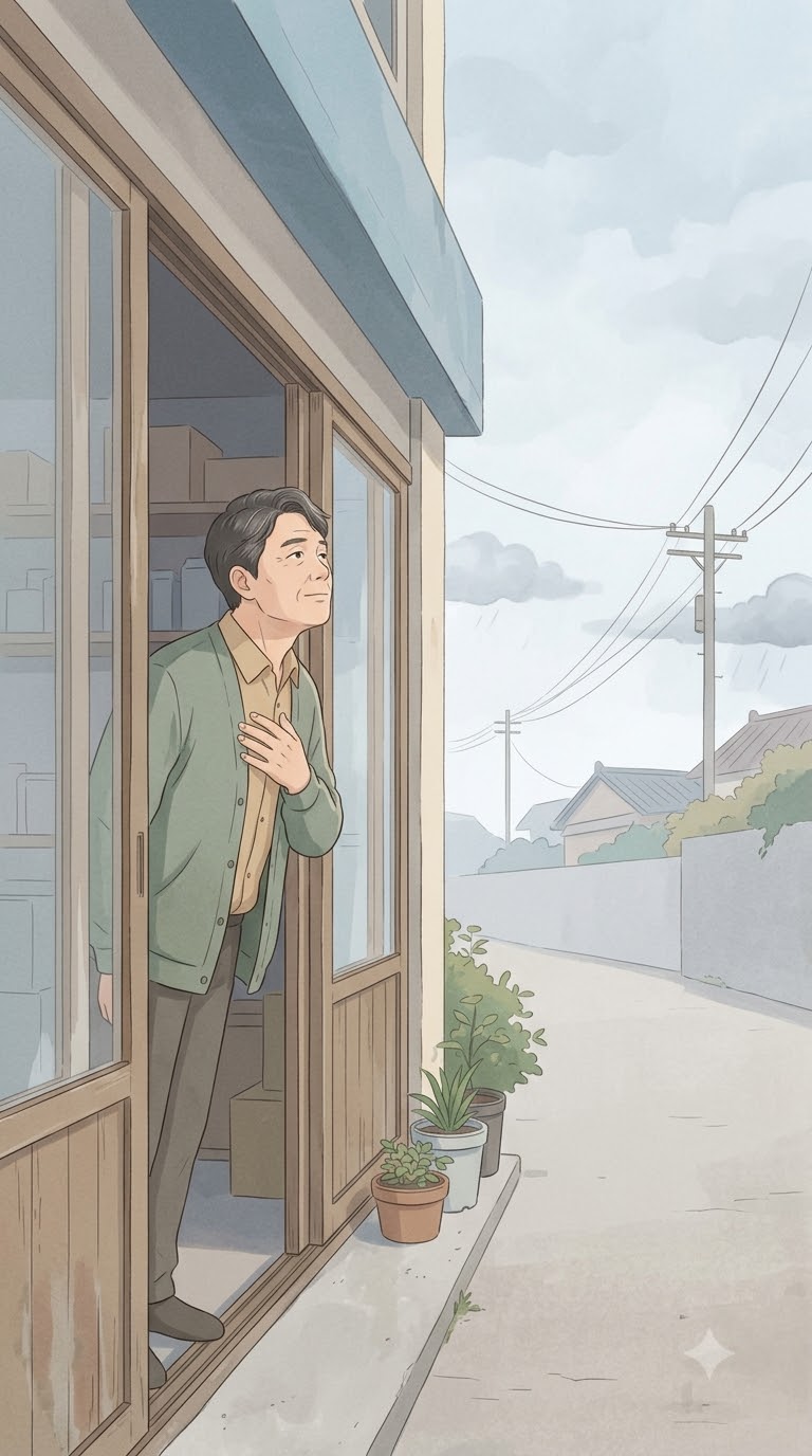 흐린 날씨를 바라보며 가슴에 손을 올린 중년 남성