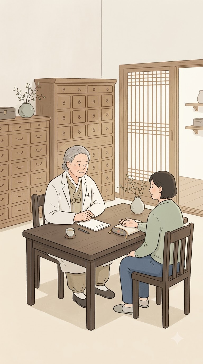 한의원에서 상담을 받는 모습을 표현한 일러스트
